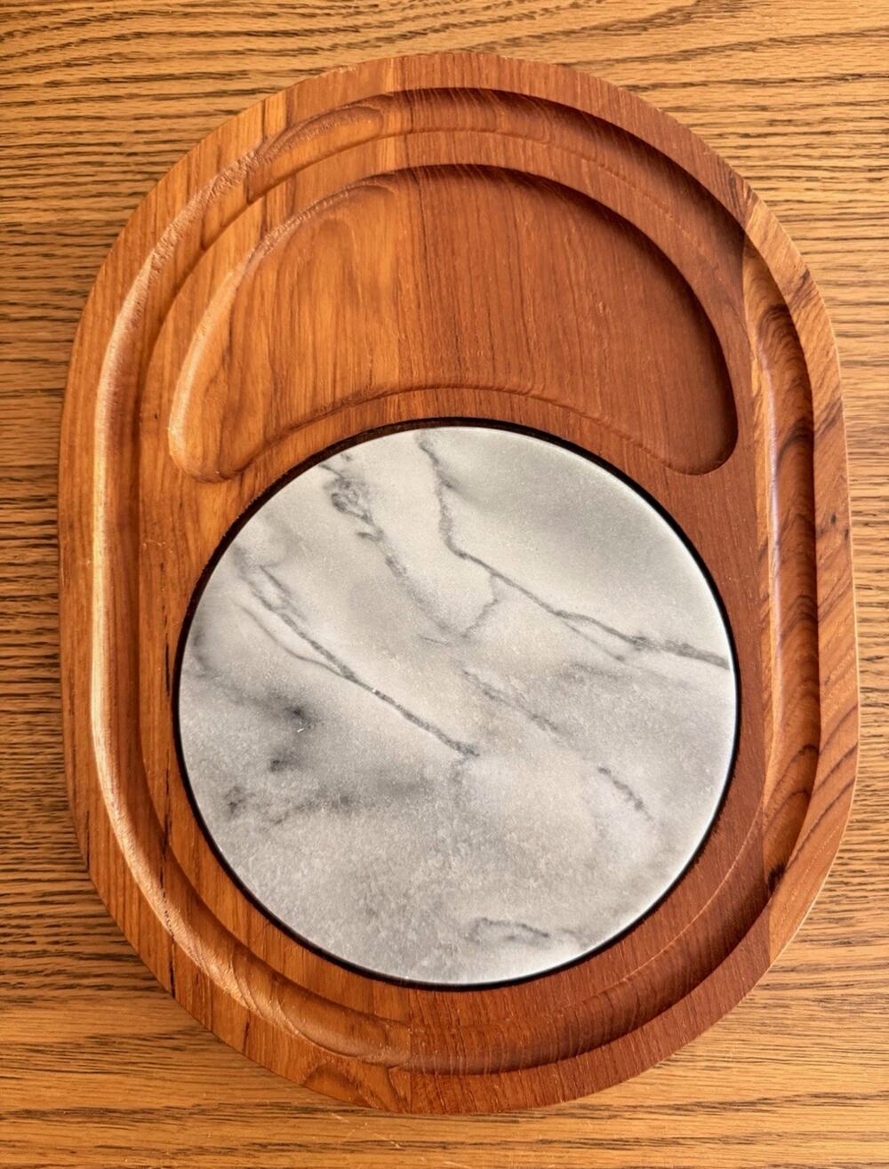 Sasphin Oval Serving Tray Teak Wood Marble Insert, Non-Slip Feet
